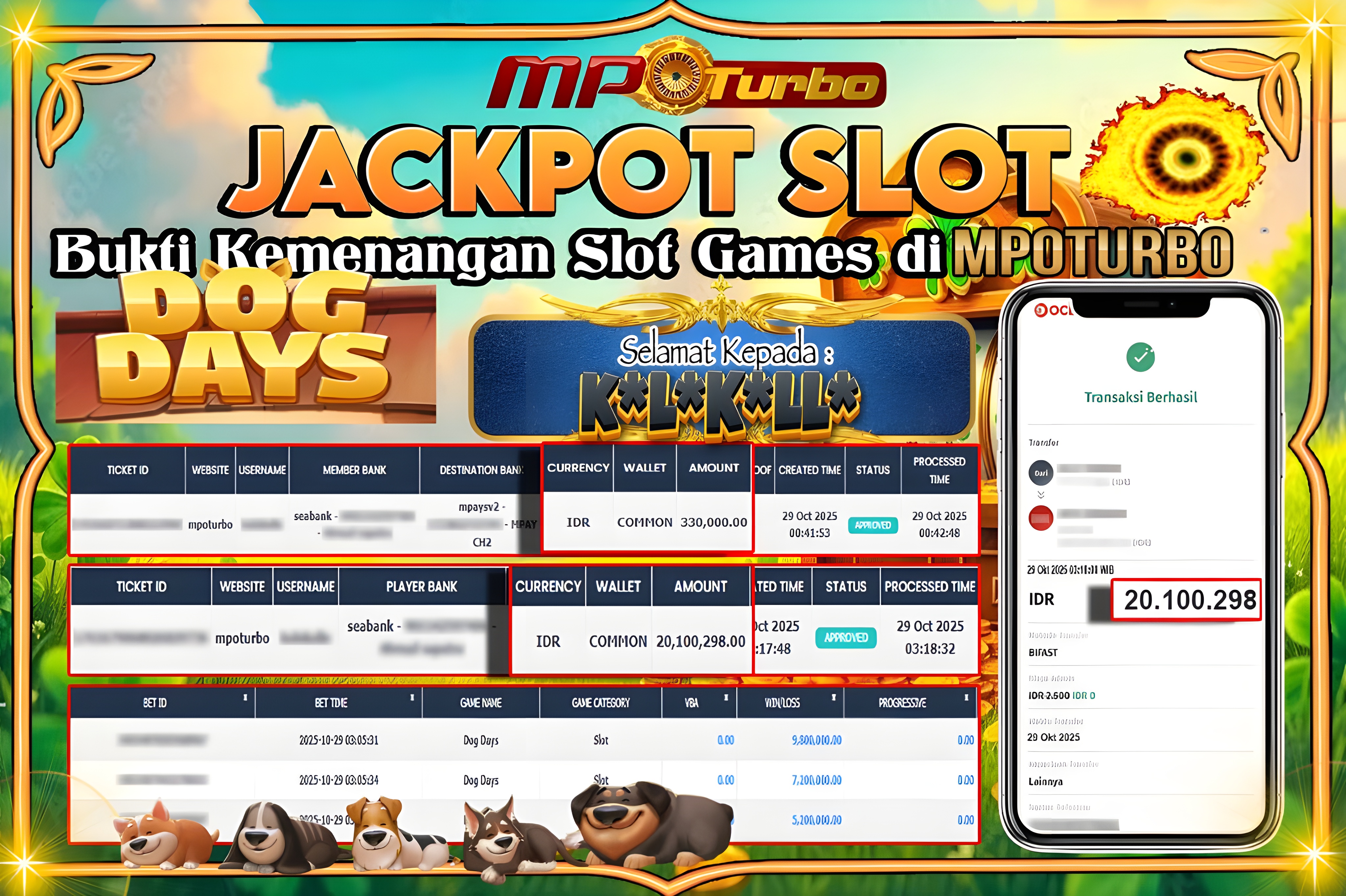 MPOTURBO JACKPOT DOG DAYS - MICROGAMING Rp 20,100,298,00,- LUNAS